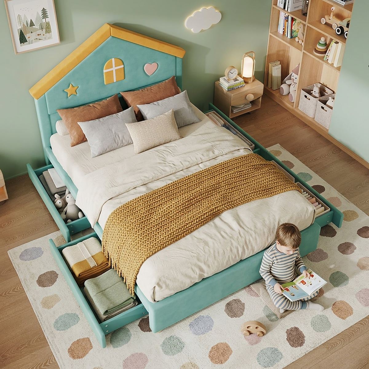 House Bed 140x200cm with 4 Drawers, Blue-Green Velvet