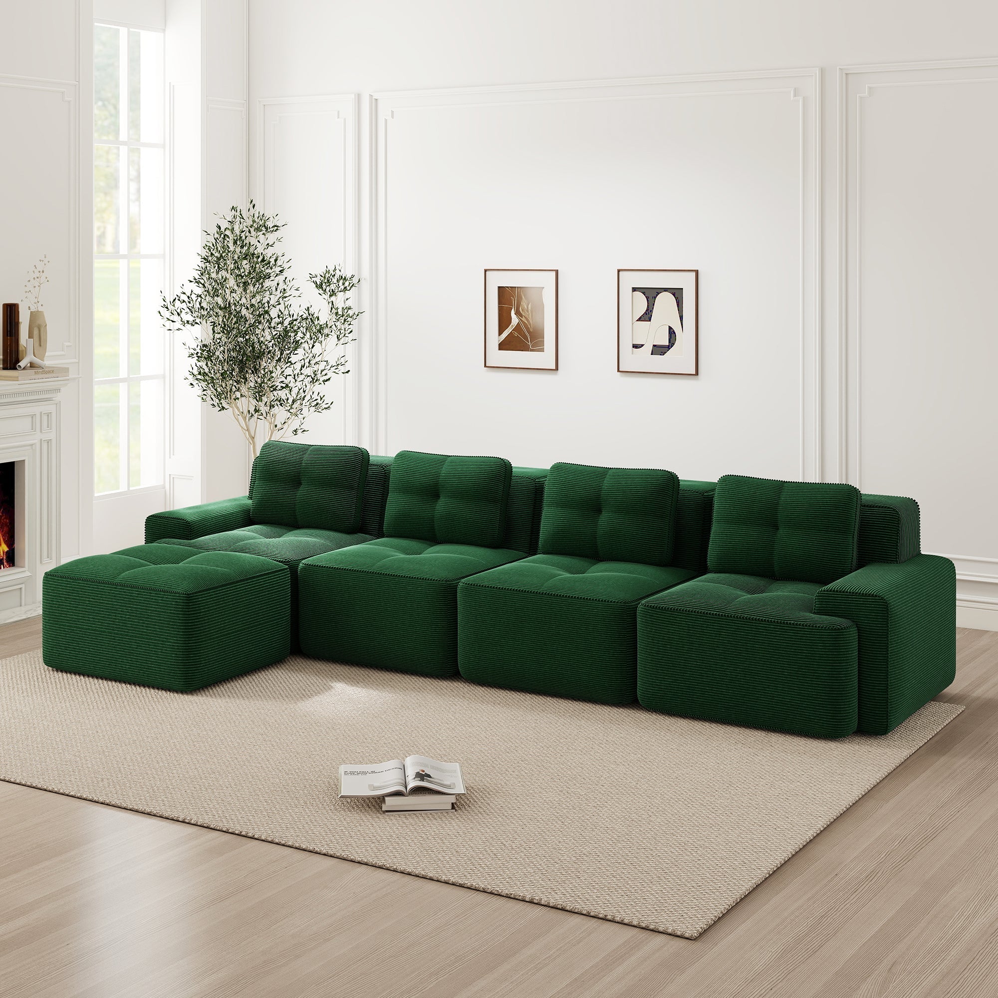 Boneless Sofa Modular L-Shaped Chaise Lounge 4-Seater Deep-Seat - Corduroy Green