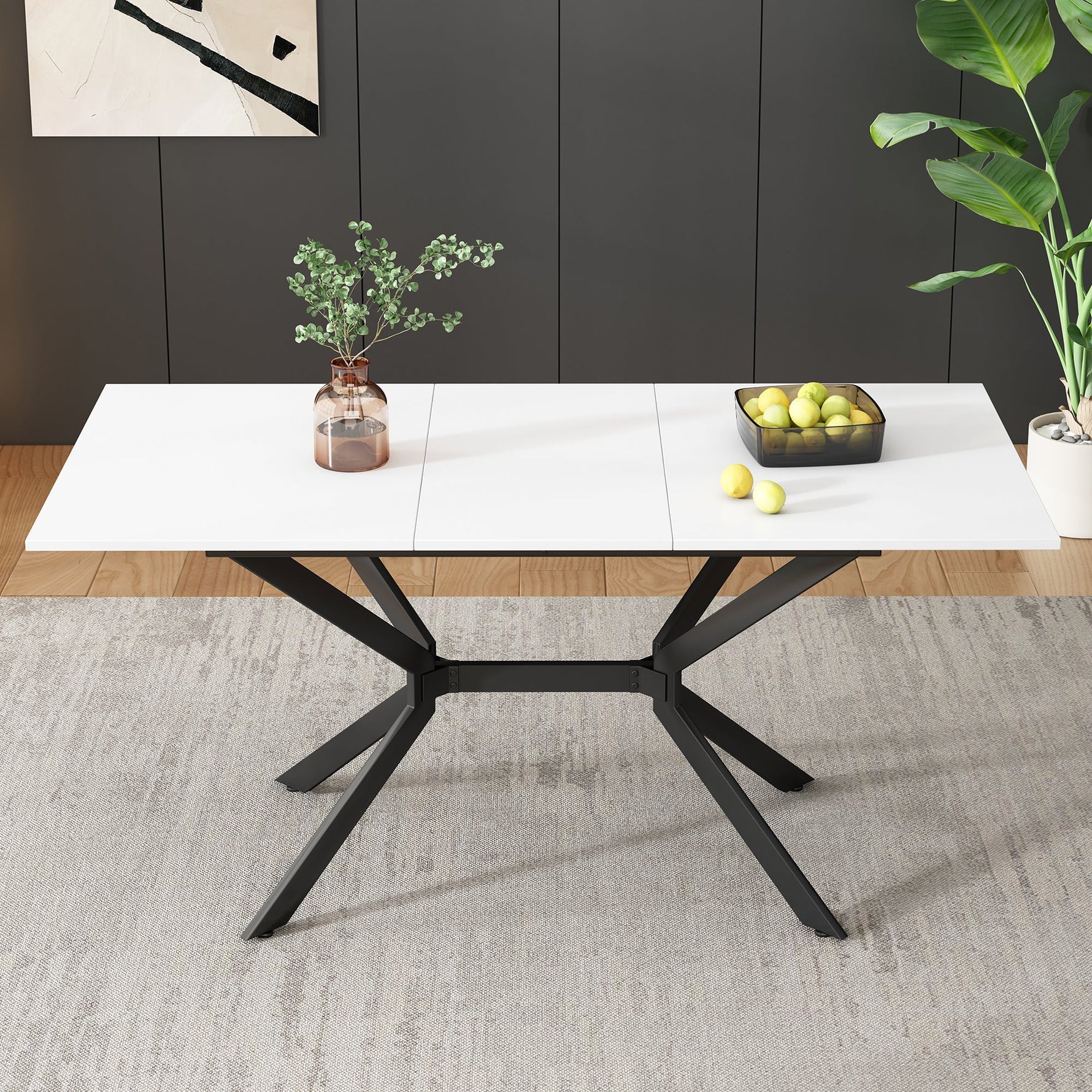Extendable Dining Table, Rectangular Seating for 4-6 People, White and Black Metal