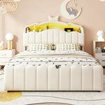 Upholstered Children Bed 140x200 Storage & LED, Beige Velvet