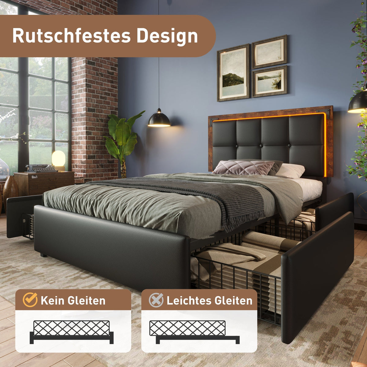 Bed Frame, LED, 4 Drawers, Adjustable Headboard, Single 90x200cm, PU Black