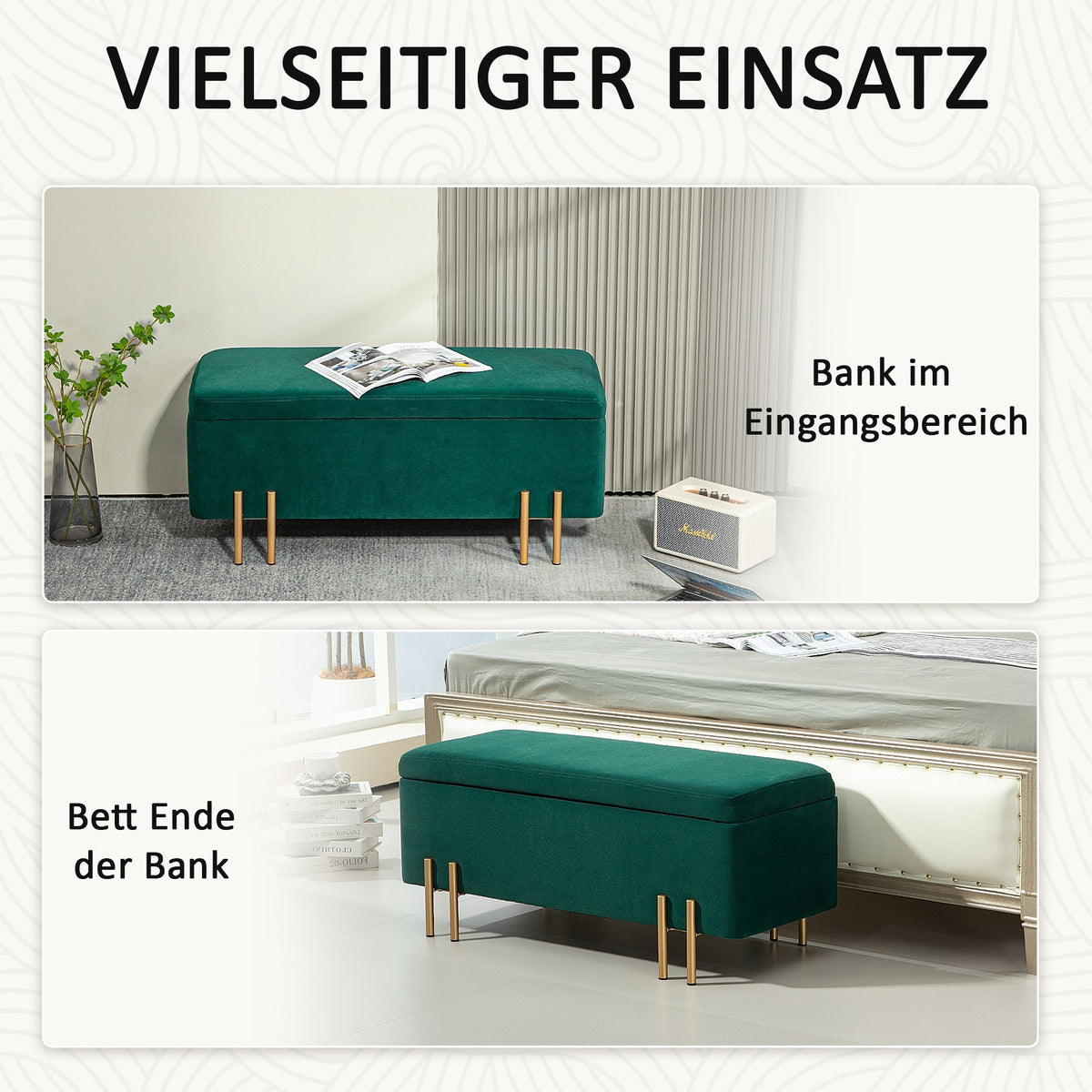 Bench, Upholstered Storage Chest, Fabric Green