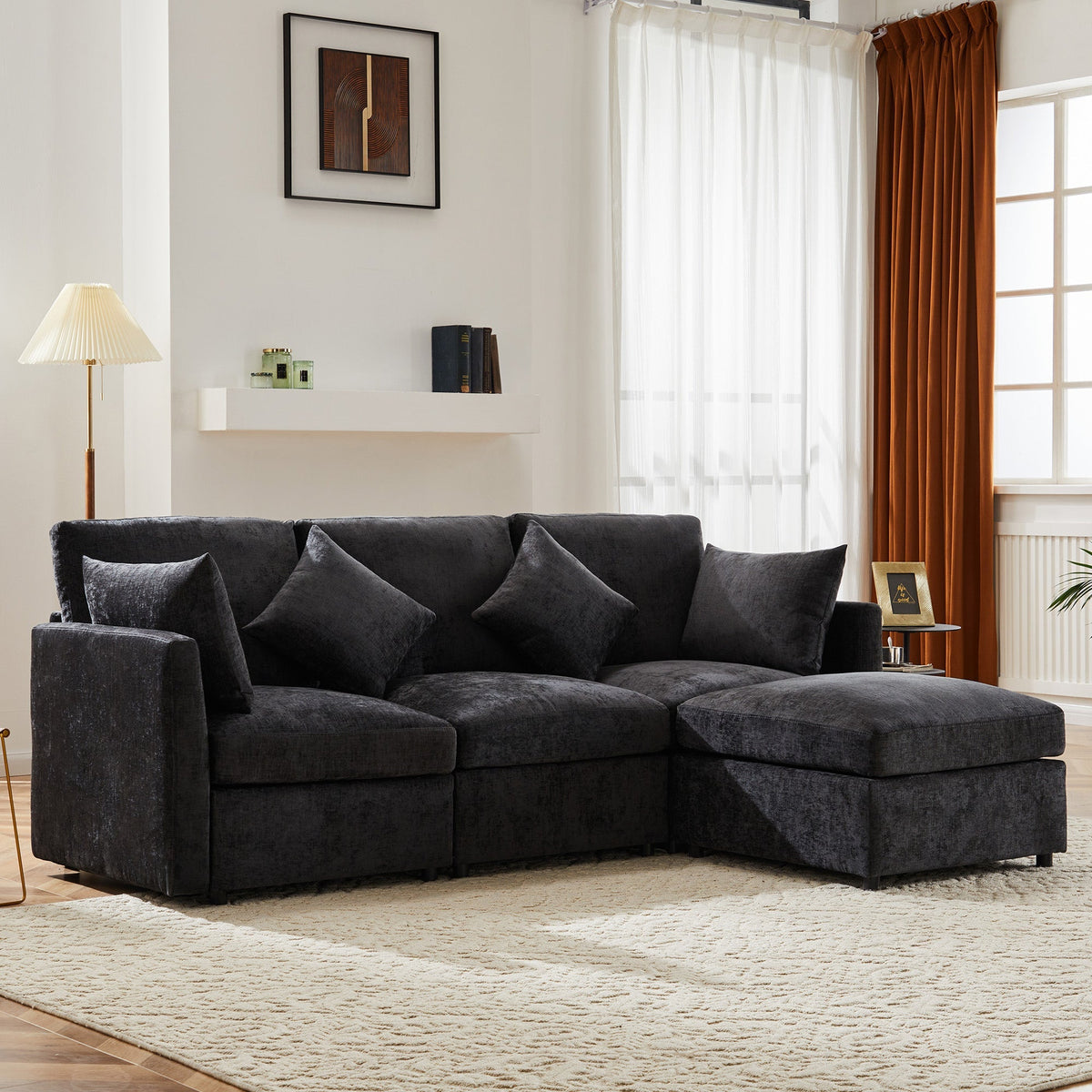 L-Shaped Corner Sofa Set with Footstool Modern Design Chenille Fabric