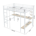 Loft Bed with Desk and Bookshelf, 90x200cm Metal Frame, White