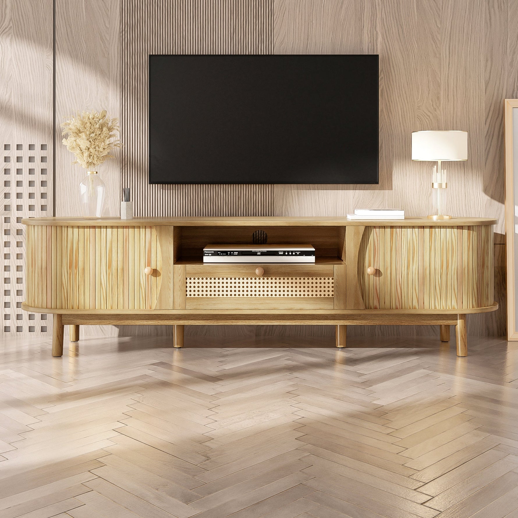 TV Cabinet Rattan Doors Drawers Low Profile - Country Style