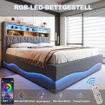 Upholstered Bed 180x200 Hydraulic Storage LED/USB Slatted Frame Linen Grey