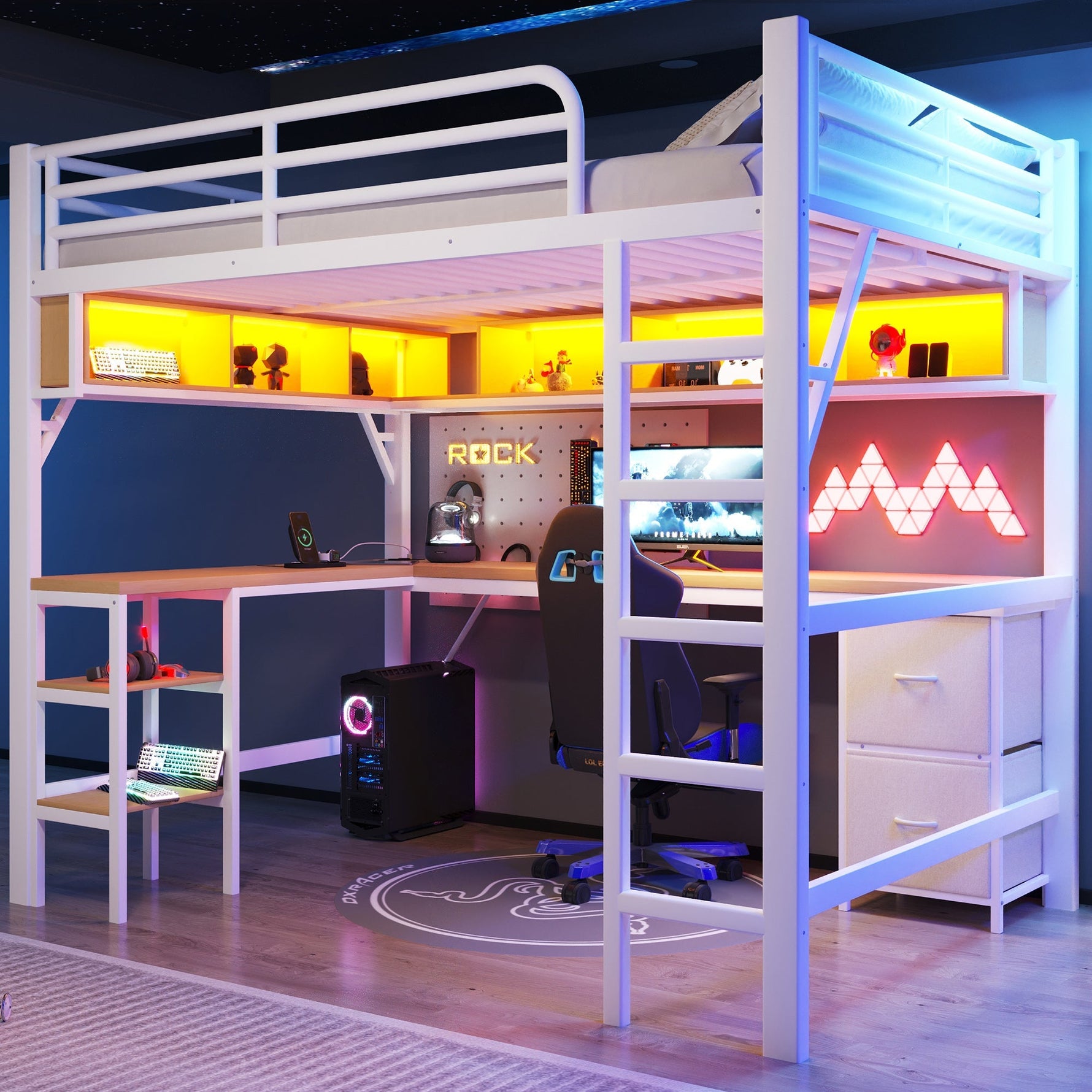 Loft Bed 140x200cm Gaming Desk Wardrobe Bookshelf USB LED Metal White