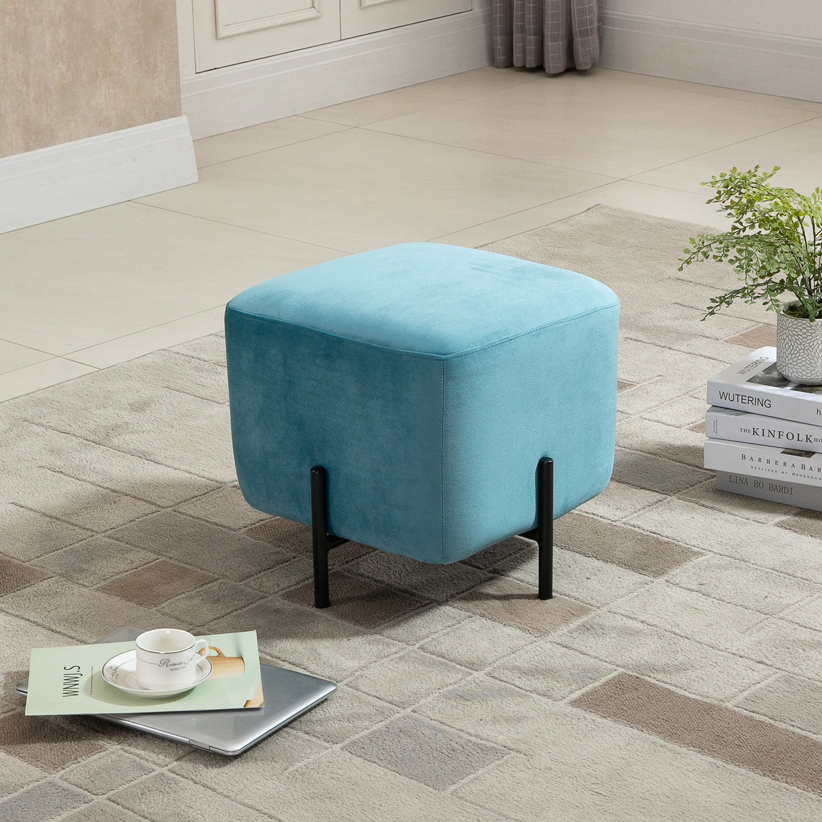 Footstool, Padded Footrest, Polyester & Steel, Turquoise