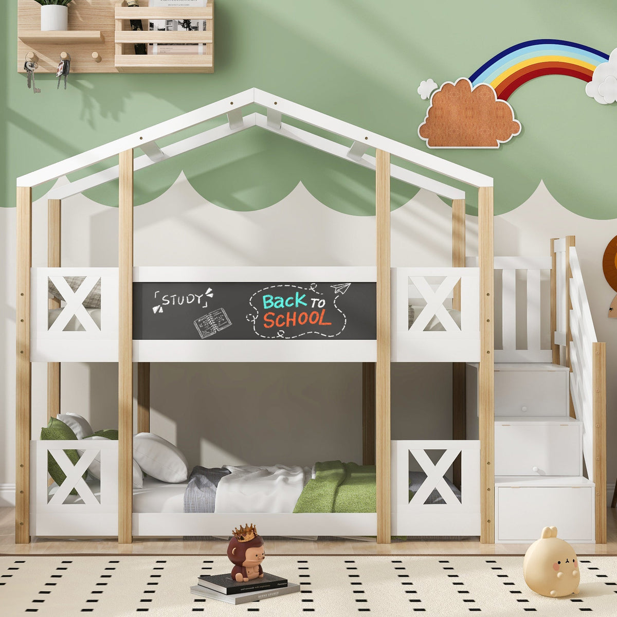 Bunk Bed 90x200cm Tree House Loft with Stairs & Fall Protection, Natural & White