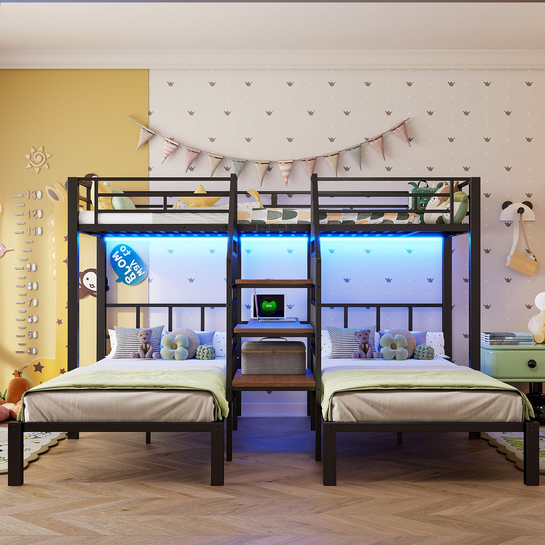 Bunk Bed with 3 Beds, LED Lights, Desk and USB Ports, Black