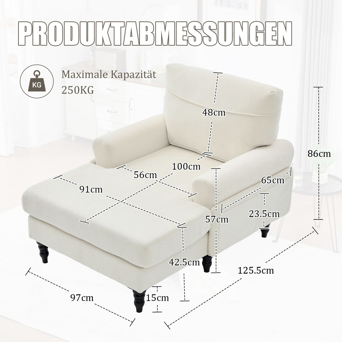Chenille Fabric Lounger with Side Pockets and Wooden Legs, Modern Minimalist