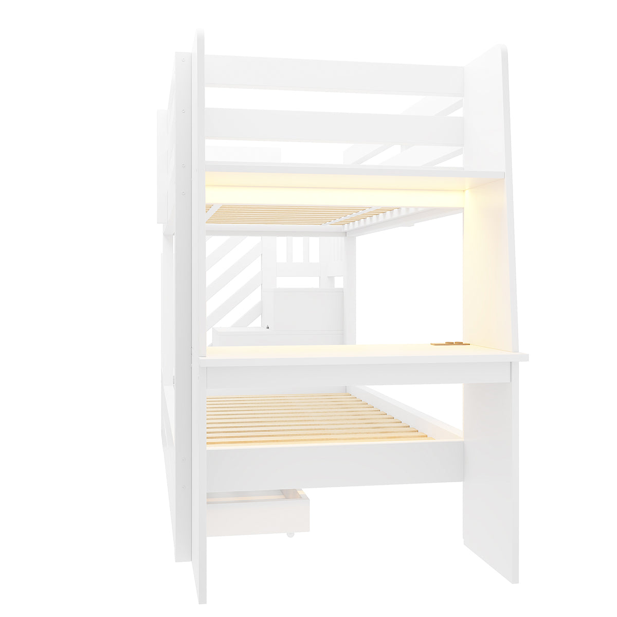 Children's Bunk Bed 90x200cm with Desk & Storage, White Wood