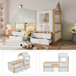 Children's Bed, Half-Height House Bed with 4 Drawers & Stairs, Pine+MDF+Plywood, White+Natural, 90x200cm