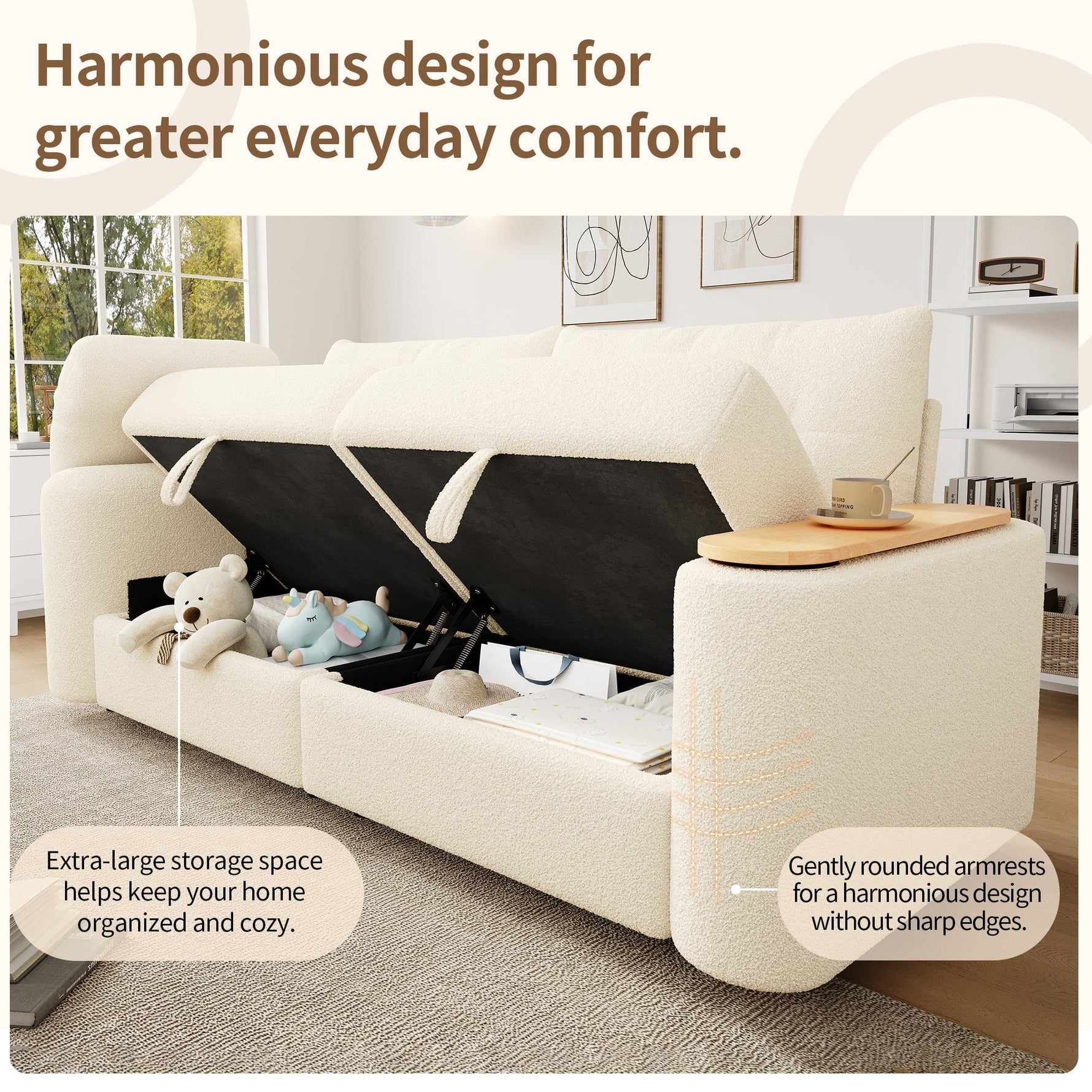 Teddy Plush Sofa, 3-Seater Modular Sofa Bed with Storage and Side Table, Beige