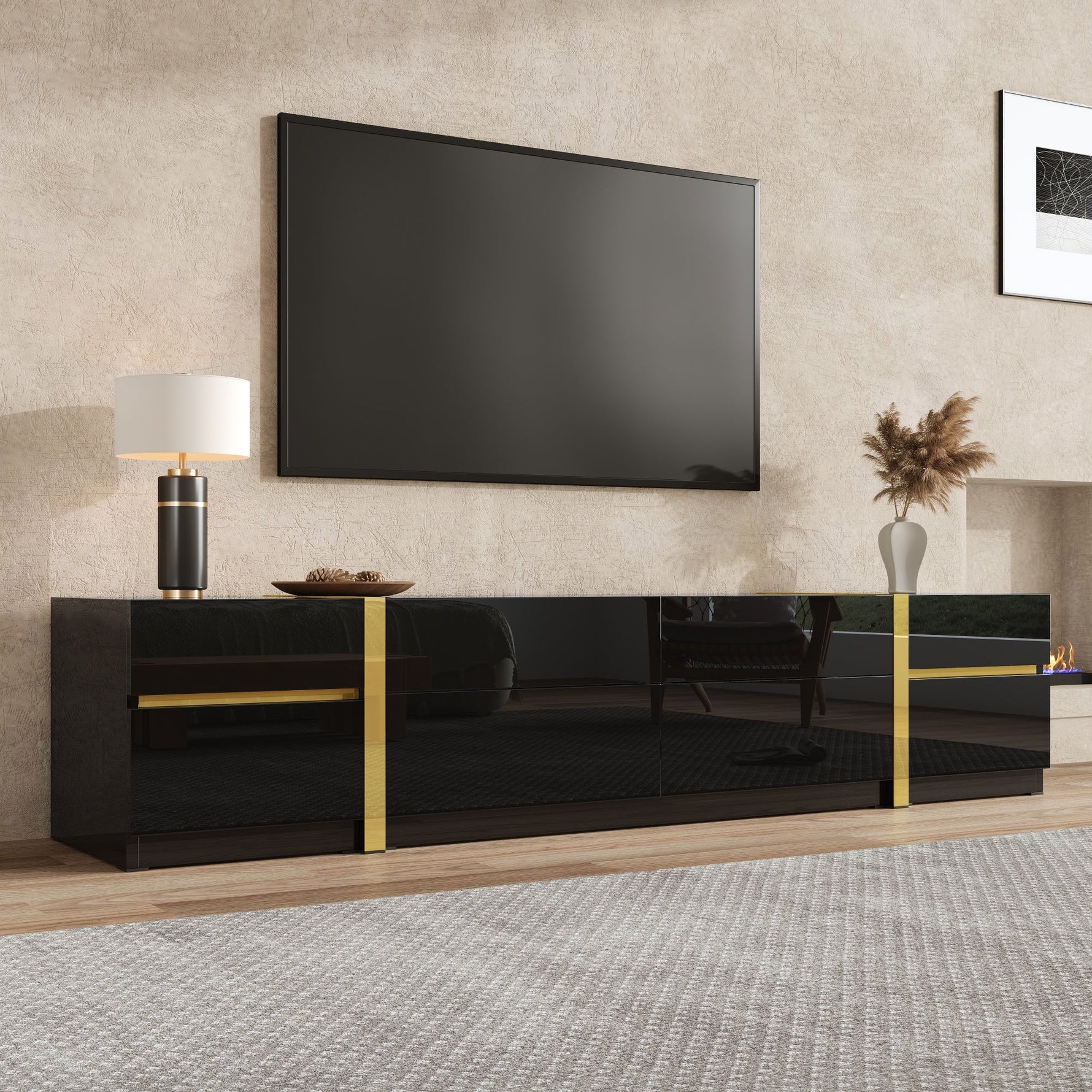 Luxurious TV Stand with Drawers and Doors, Modern High-Gloss Finish, Gold Edges