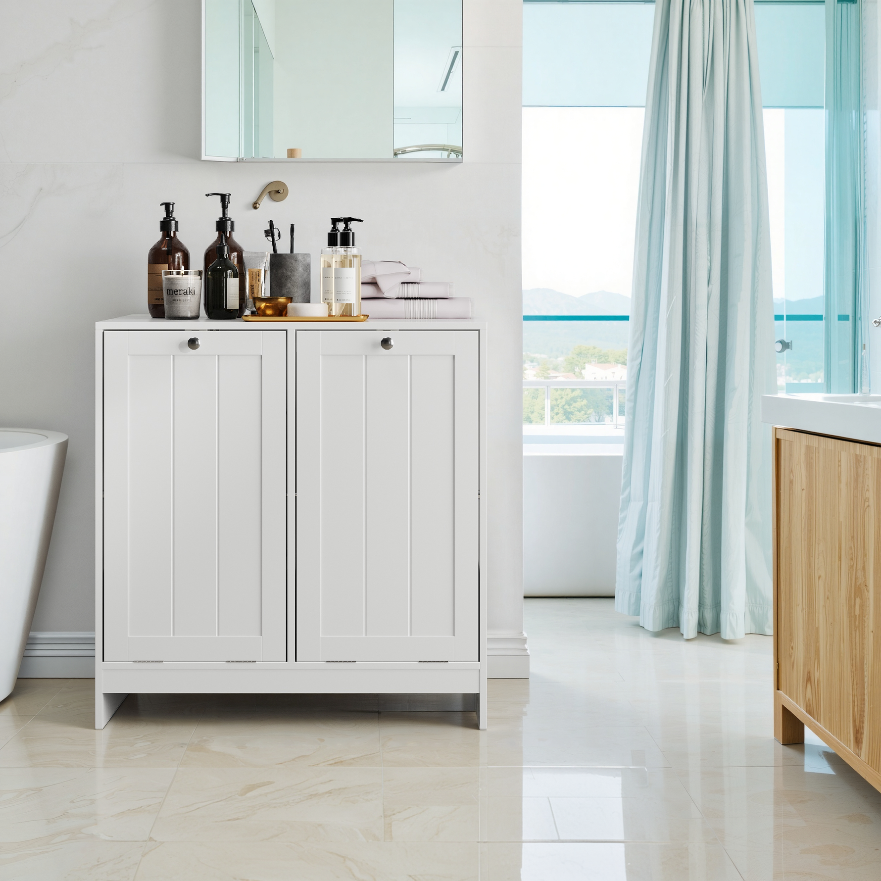 Tilting Laundry Basket Cabinet with Removable Hamper and Storage, Freestanding Bathroom Organizer, White MDF