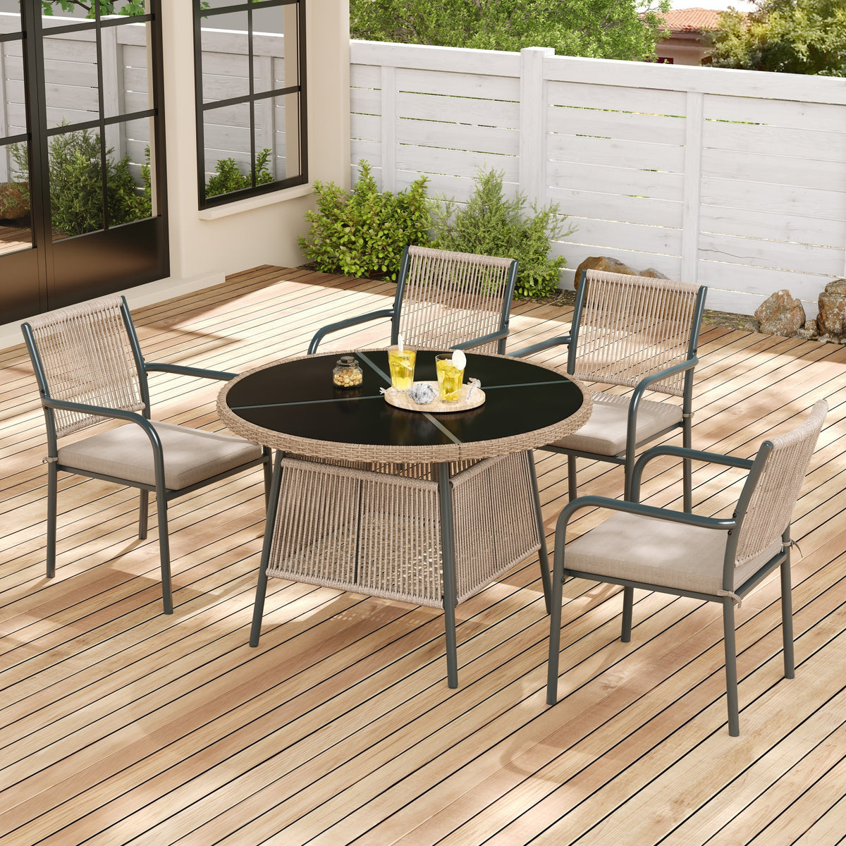 Modern Garden Furniture Set with Round Table & 4 Chairs, Rattan