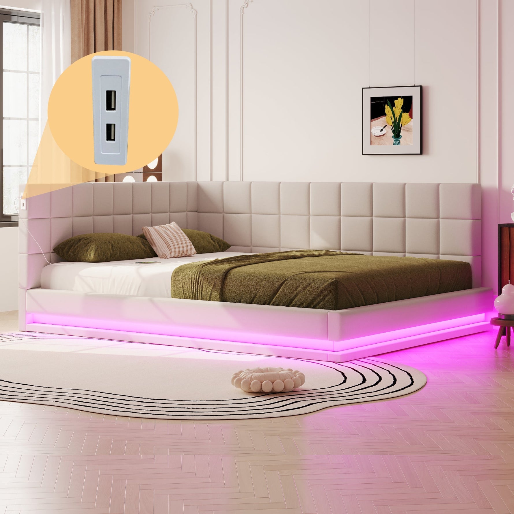Sofa Bed, Upholstered 160*200 Multifunctional with LED, USB, Linen Fabric Beige