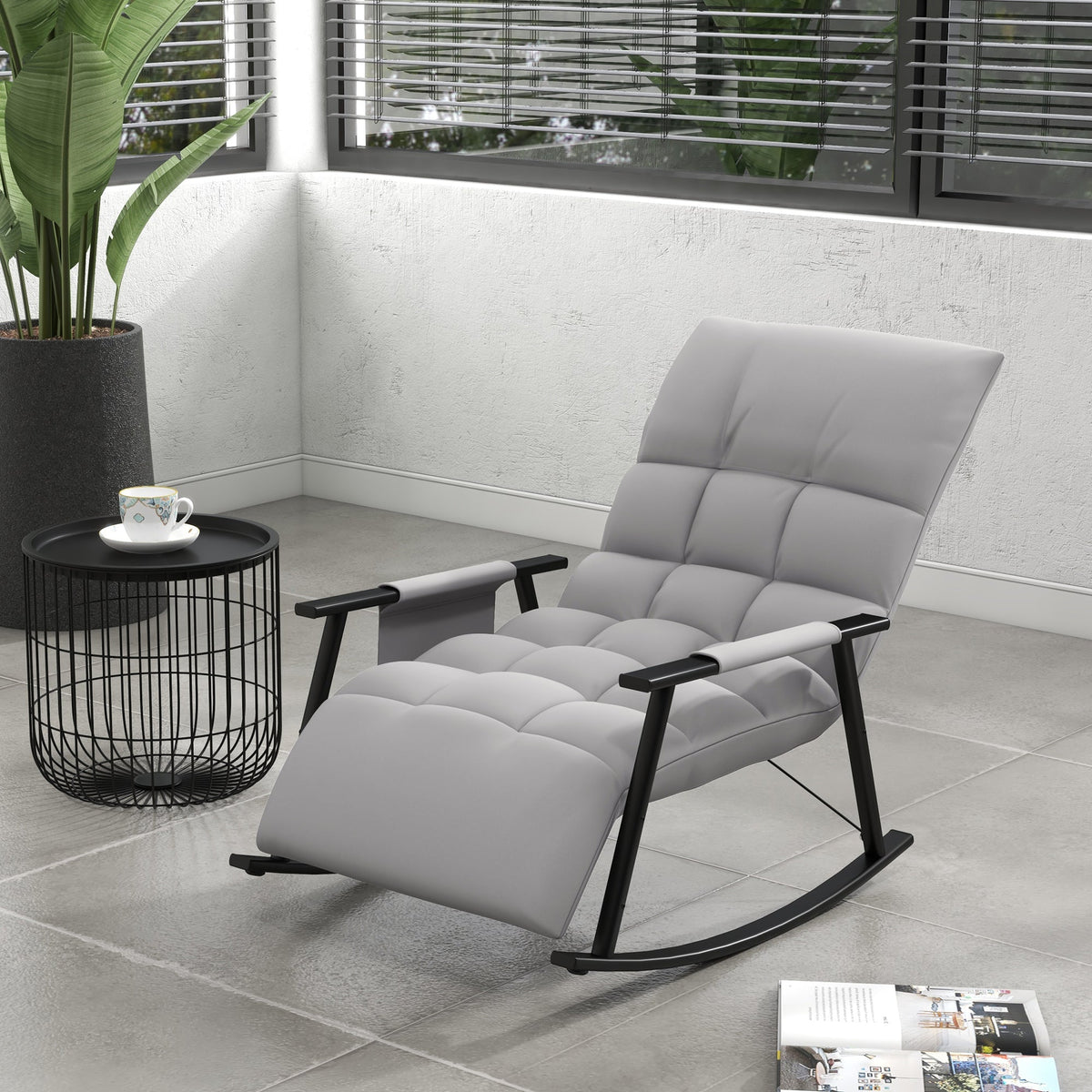 Rocking Chair/Relaxing Armchair Footrest Adjustable Backrest Side Pocket, Microfiber Grey