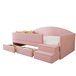 Upholstered Sofa Bed with Two Drawers, Railings and Steps, 90x190cm, Pink Velvet