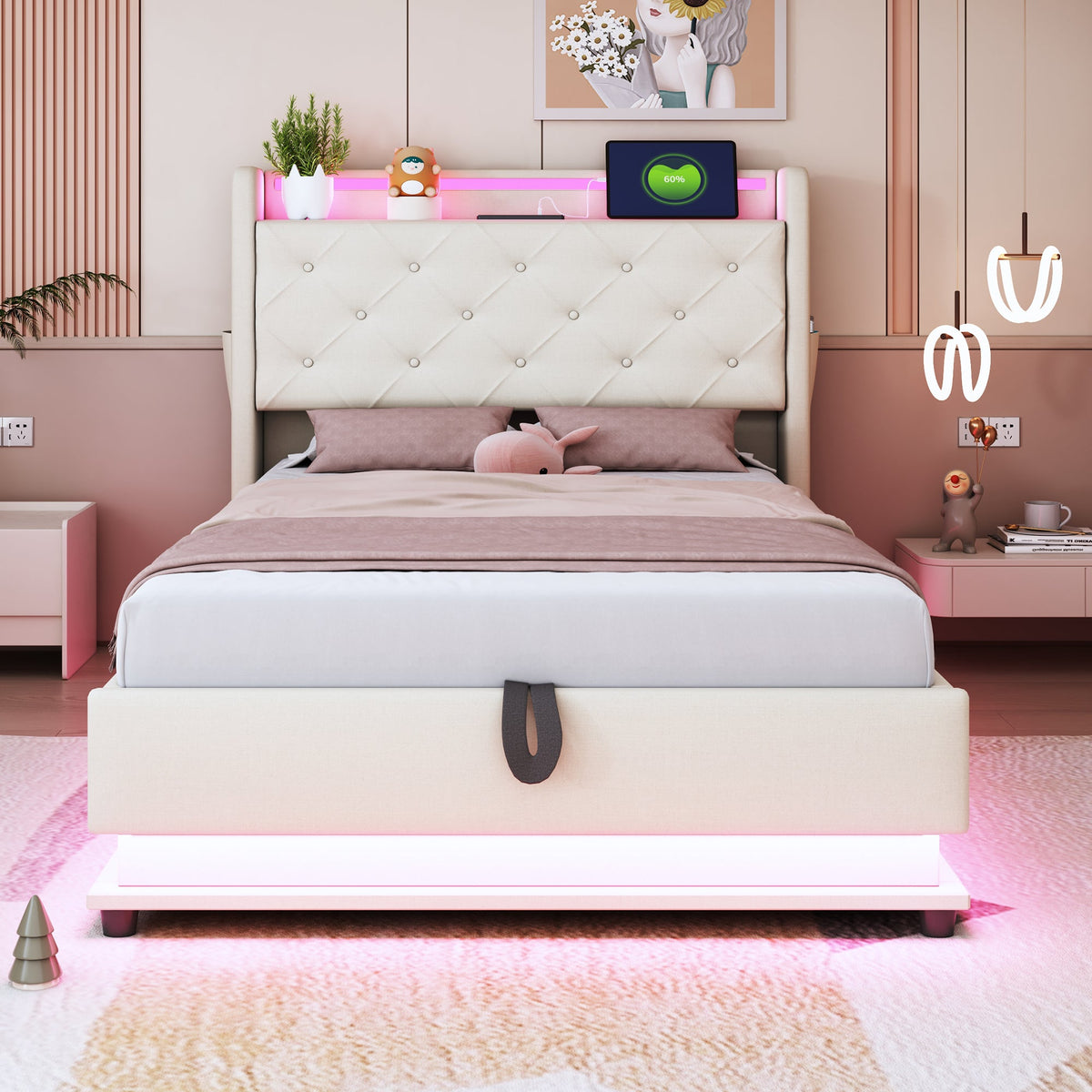 Children's Upholstered Bed 90*200cm, Lights, USB, Storage, Beige Linen