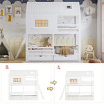 Children's Bunk Bed with Roof, Windows & Drawers, White Pine