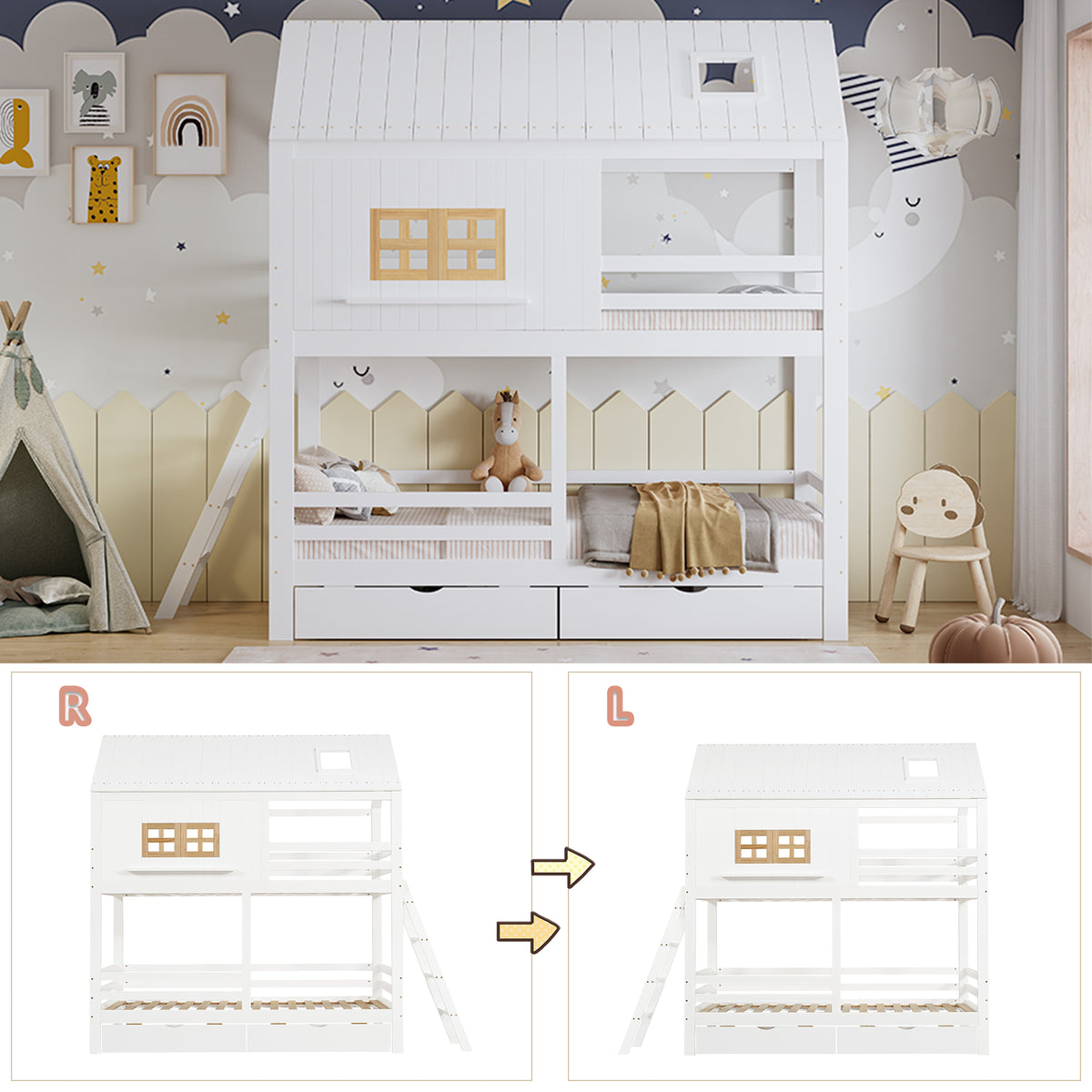 Children's Bunk Bed with Roof, Windows & Drawers, White Pine