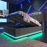 Upholstered Single Bed, 360-Degree LED, Hydraulic Storage, USB Type-C, Gray Linen