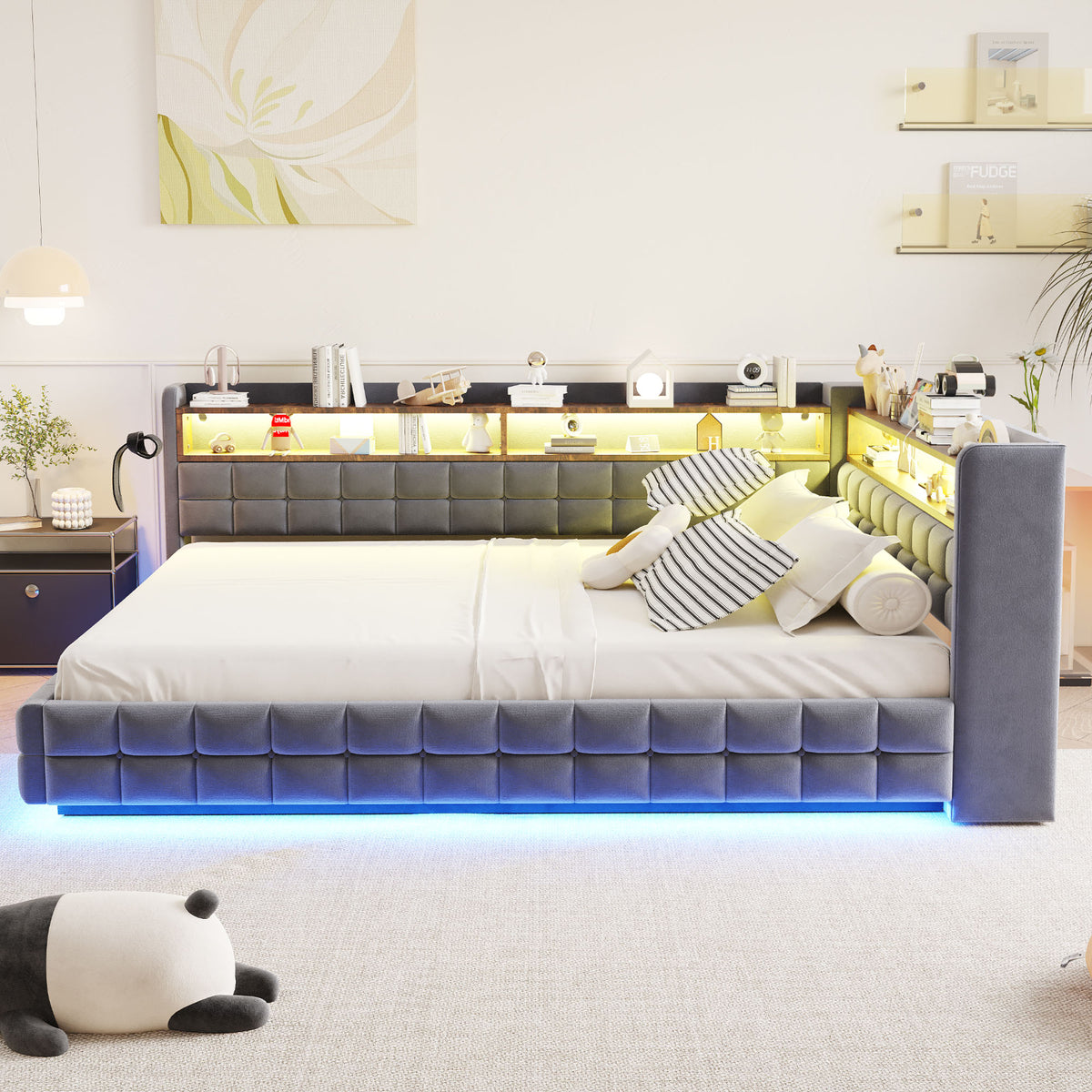 Multifunctional Sofa Bed 140x200 with Storage & LED, Dark Grey Velvet