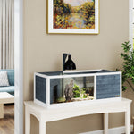 Wooden Turtle House, 2 Main Houses Hinged Top Light Stand Transparent Front Panel, Grey