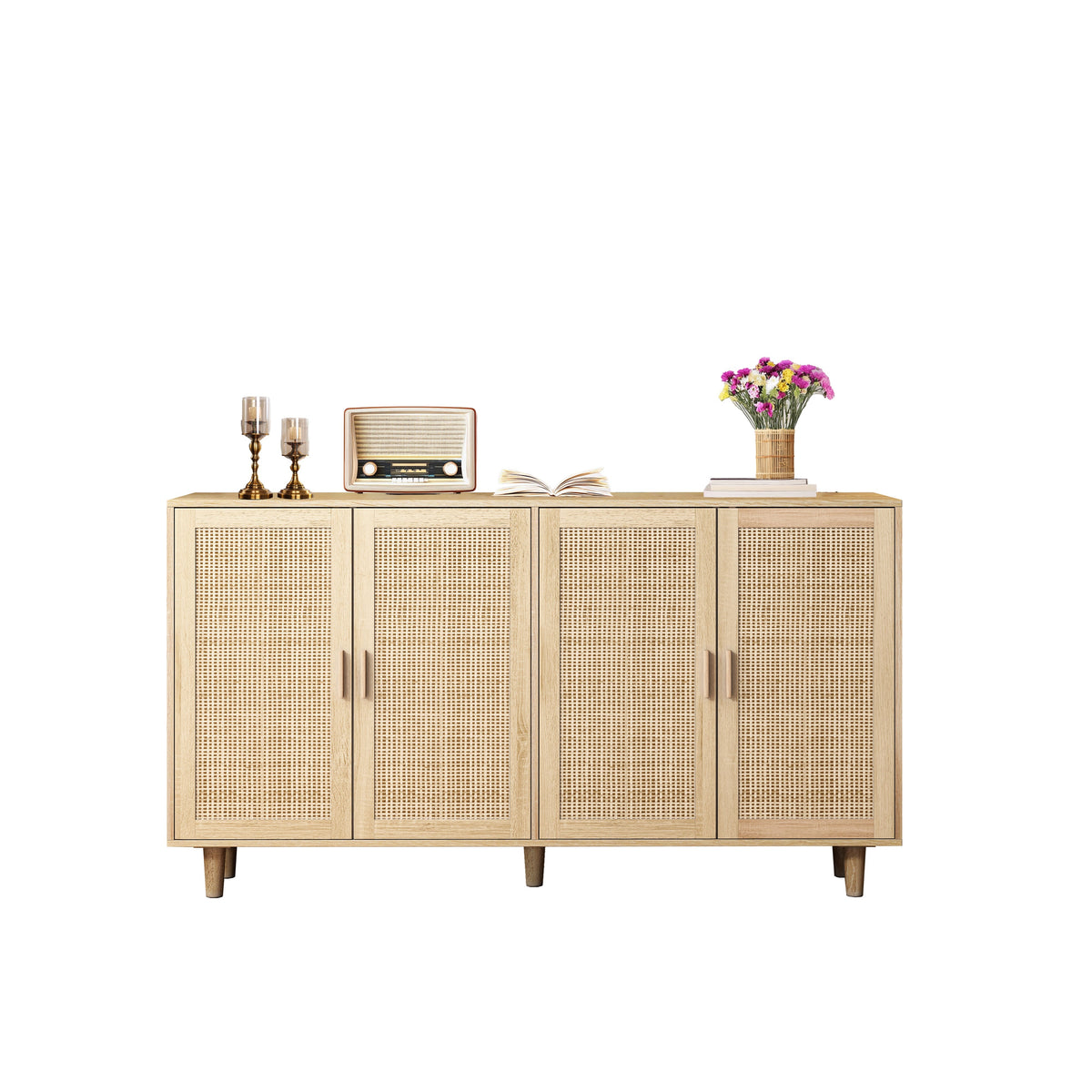 Rattan Decorative Storage Cabinet, 158CM 4-Door, Natural