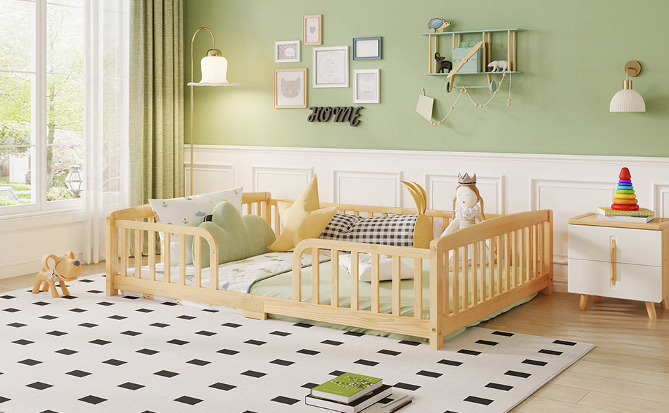 Floor Bed 140x200cm with Safety Railings, Natural Pine Wood