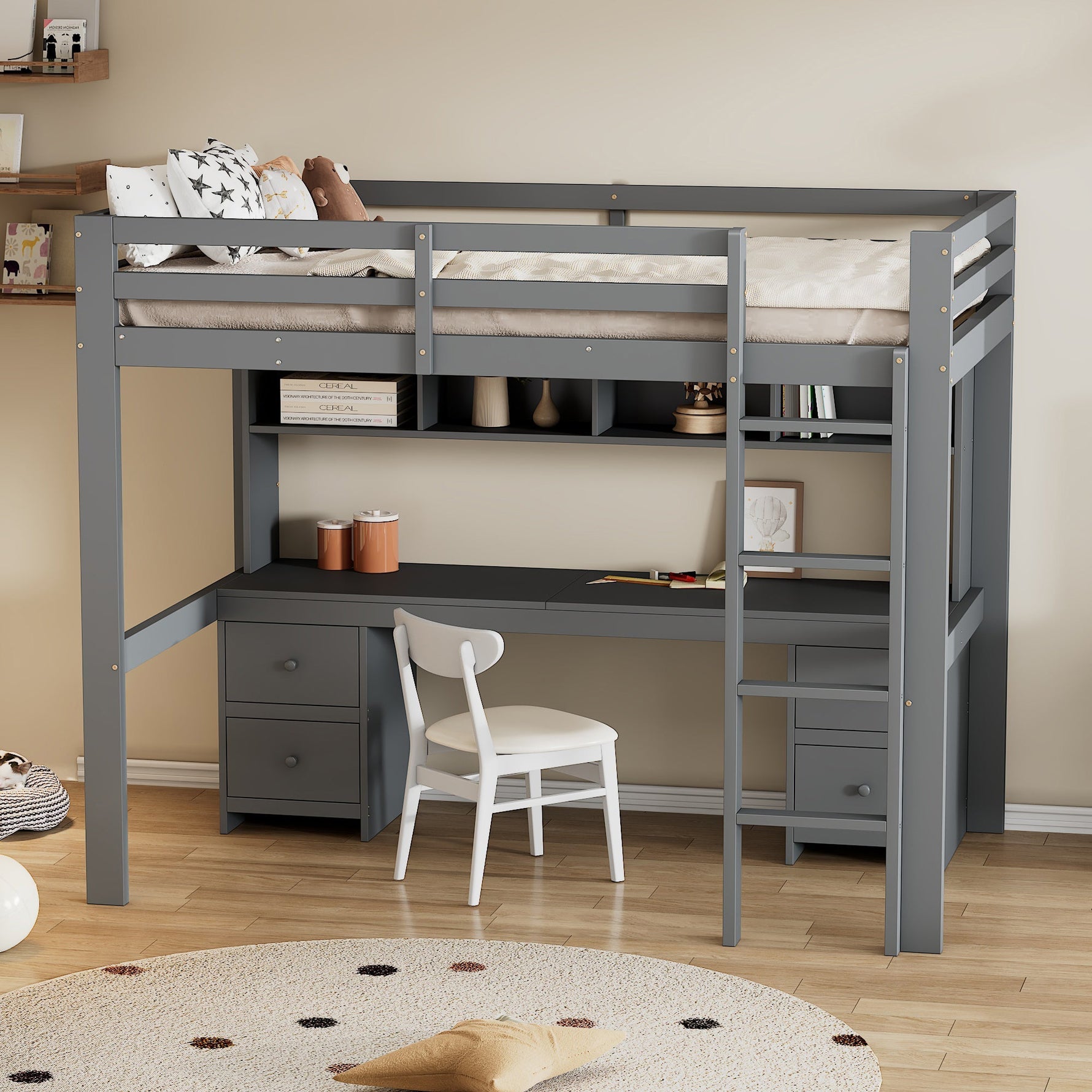 Loft Bed for Children with Desk and Storage, 90x200 cm, Grey
