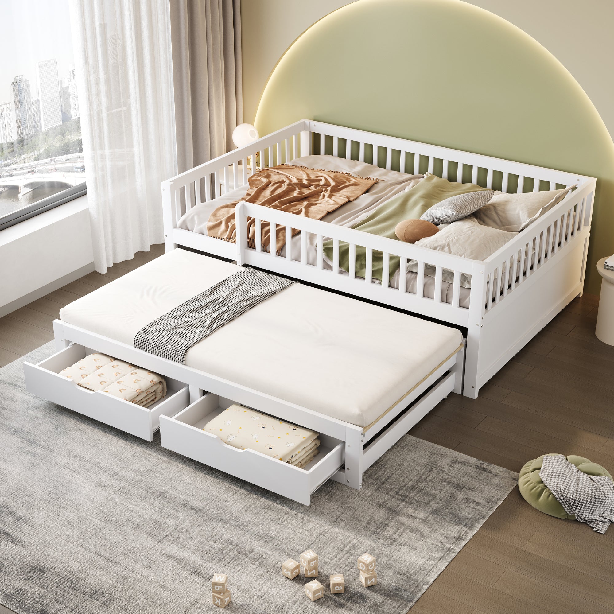 Sofa Bed, Pull-Out with Safety Gate & 2 Drawers, Solid Wood, White