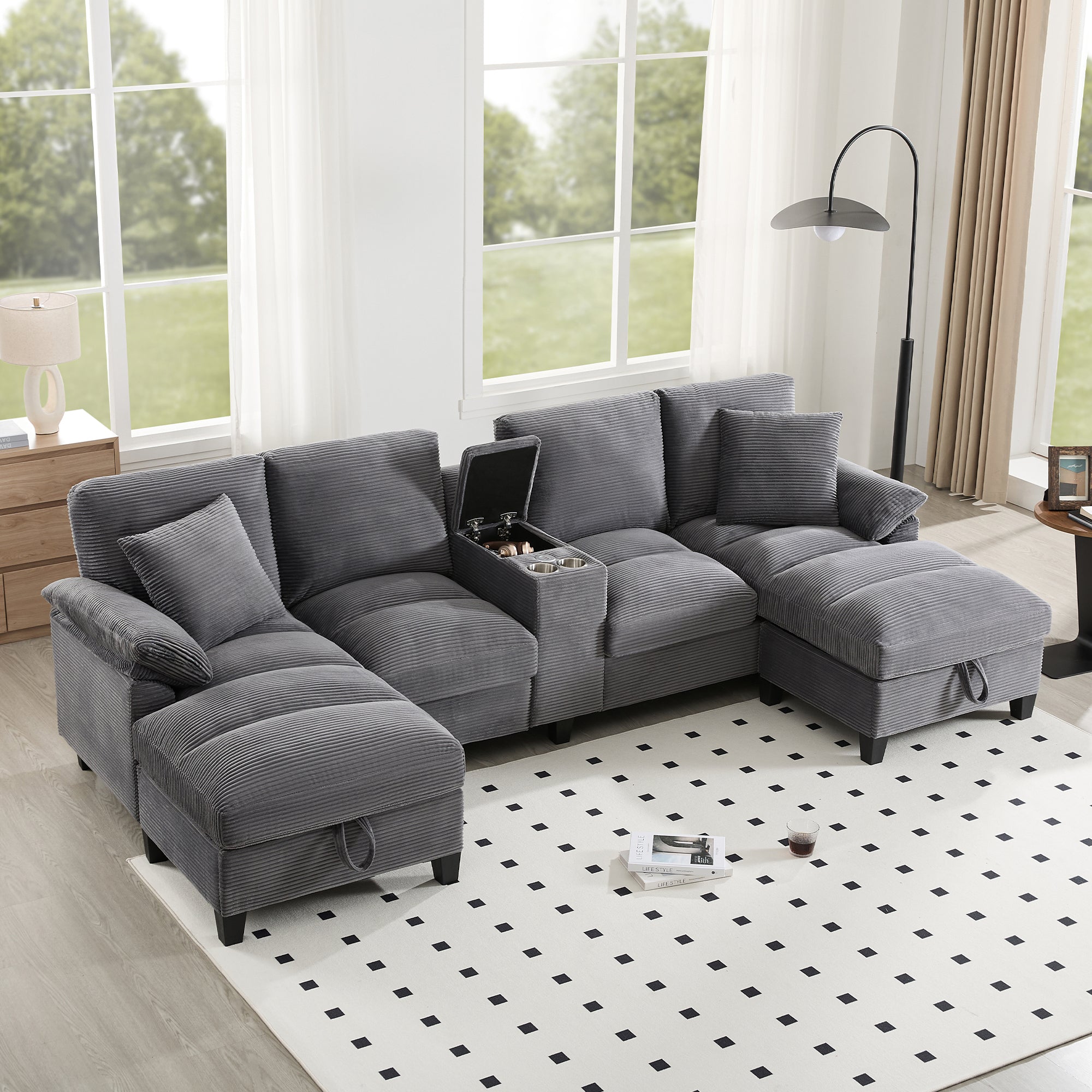 U-Shaped Sofa 4-Seater Oversized Storage USB Cup Holders - Corduroy
