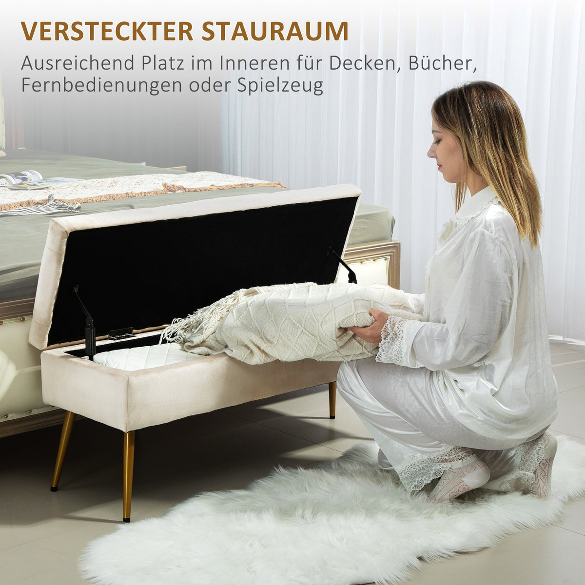 Bench with Storage, Upholstered Lid, Metal Frame, Beige
