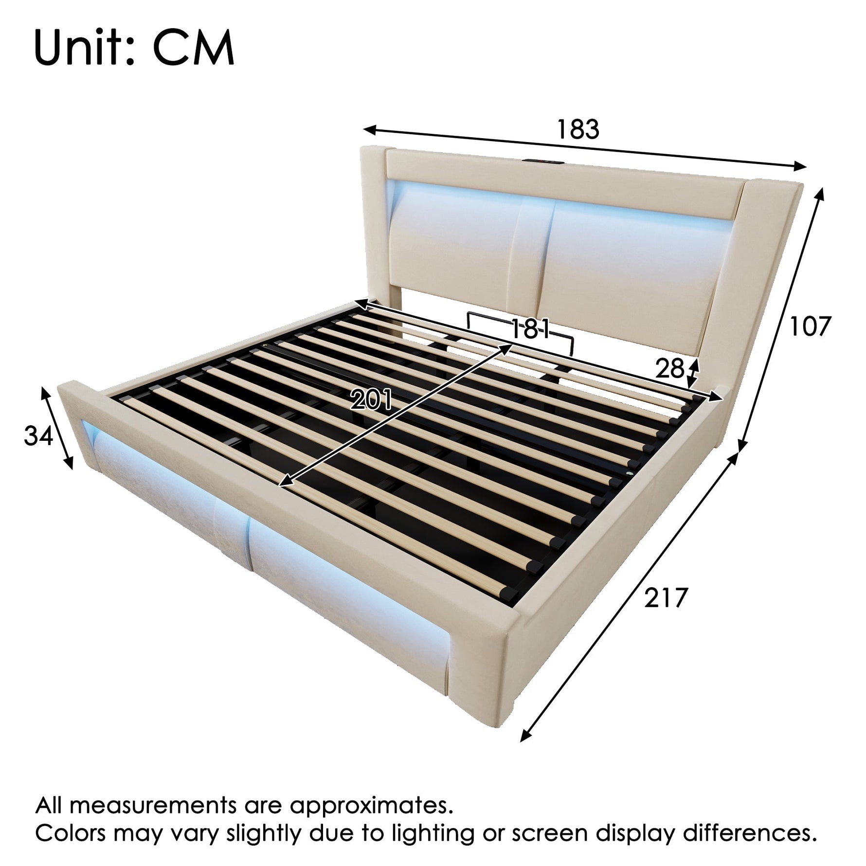 Double Bed 180x200cm Hydraulic Storage LED USB Charging Curved Headboard Beige Velvet