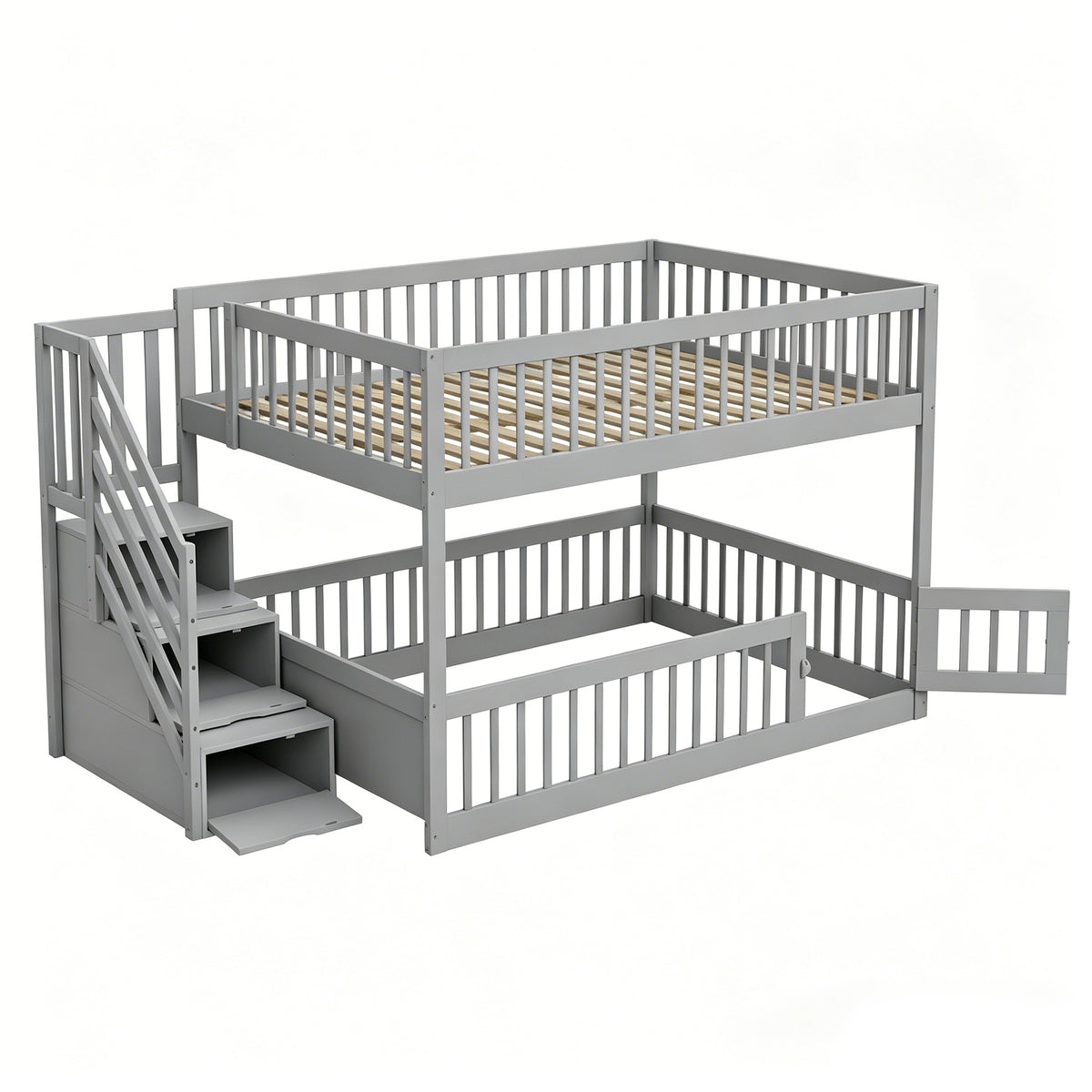 Bunk Bed 140x200 with Safety Stairs & Drawers, Grey Wood