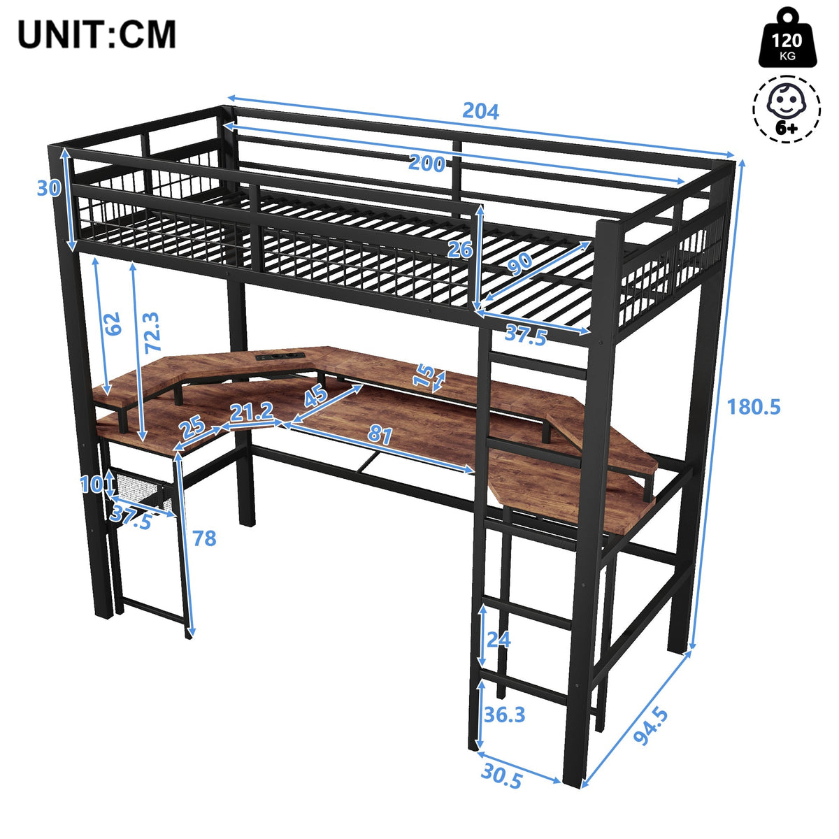 Loft Bed with Desk, LED Lights and Charging Ports, 90x200 cm, Black Iron