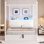 Multifunctional Double Bed with Hydraulic Storage, Canopy, LED and USB, 140x190cm, White Wrought Iron