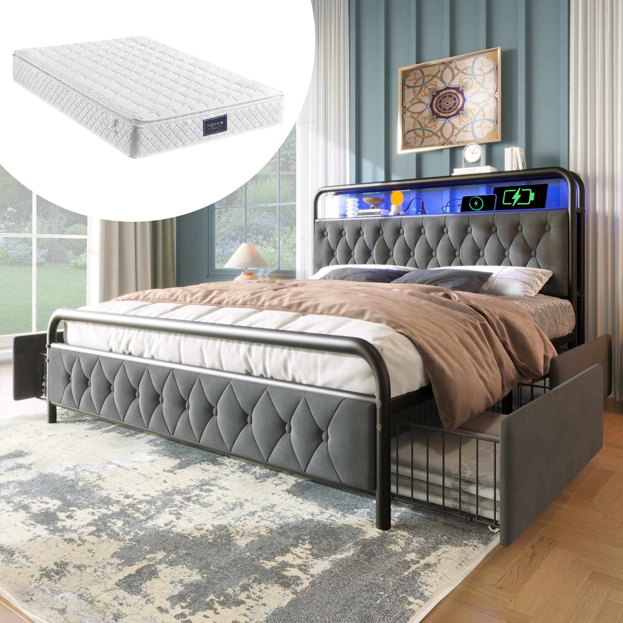 Upholstered Double Bed, USB-C Charging, APP-Control LED, 140x200, 4 Drawers, Velvet