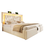 Upholstered Bed with LED Diamond Strip, USB Charging and Hydraulic Storage, Beige Velvet