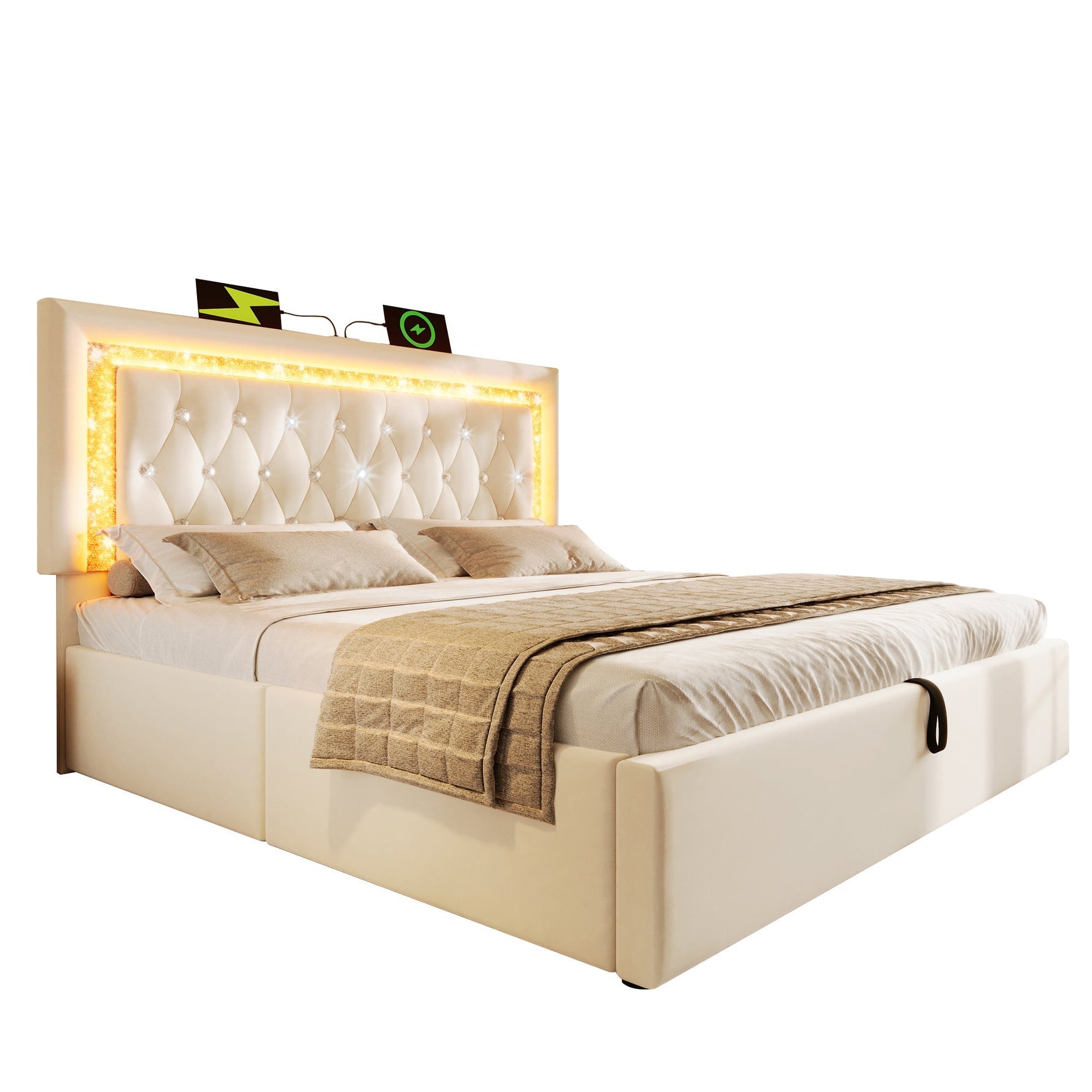 Upholstered Bed with LED Diamond Strip, USB Charging and Hydraulic Storage, Beige Velvet
