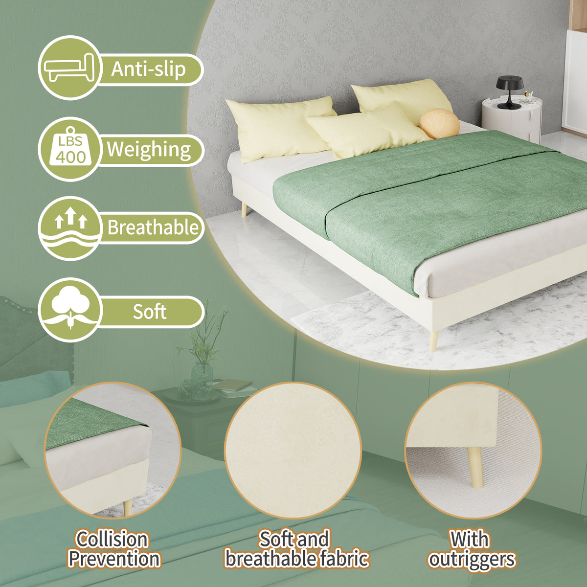 Modern Minimalist Bed Frame 140x200cm with Mattress, Beige Velvet