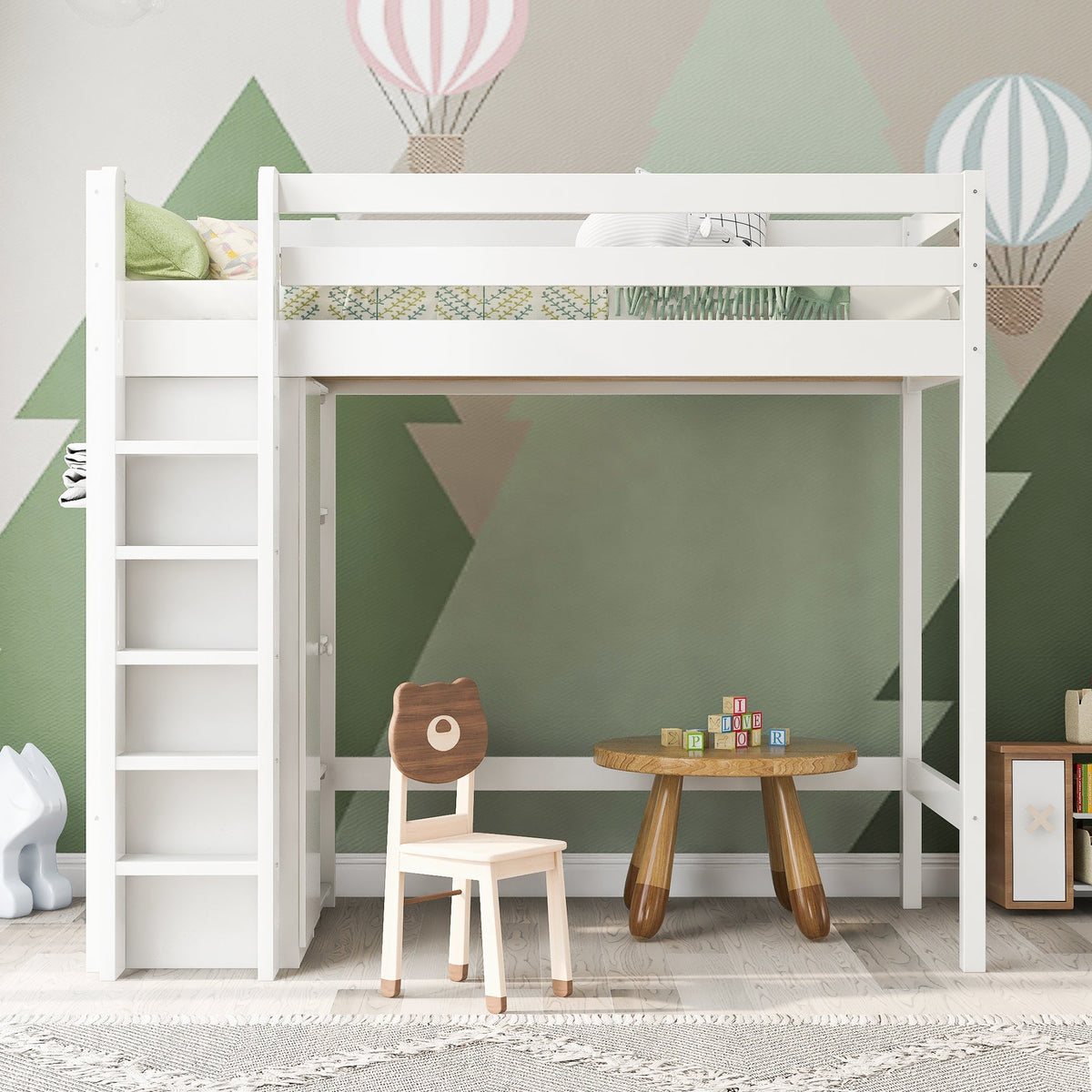 Children's Loft Bed, 90x200 cm Single with Wardrobe & 6 Shelves, White