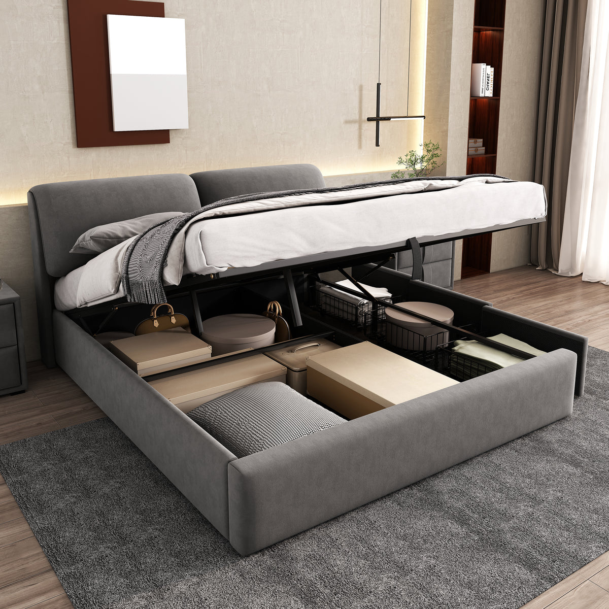 Upholstered Bed 180x200 with Hydraulic Storage, Grey Velvet