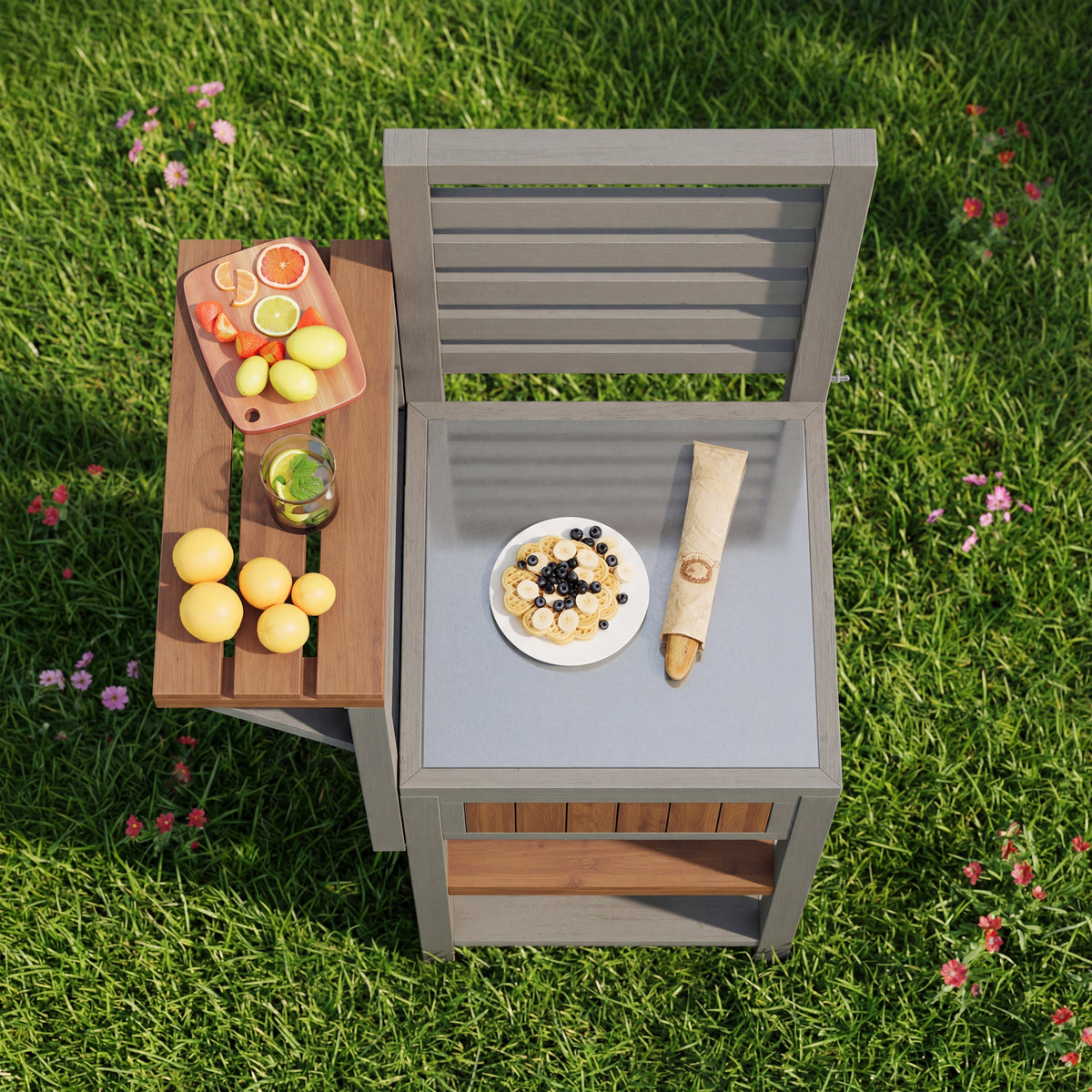 Outdoor Garden Cabinet with Stainless Steel Worktop and Double Shelf, Weatherproof Wood