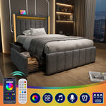 Upholstered Bed with USB & LED, 2 Drawers, Wooden Slatted Frame, Grey