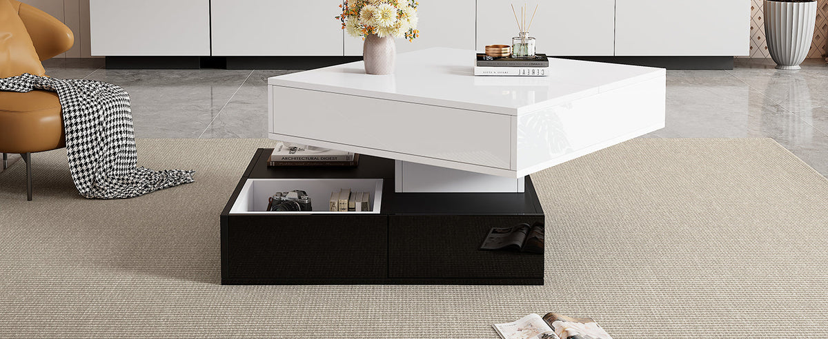 Coffee Table, 360° Rotating Top, 3 Drawers, Liftable, White & Black