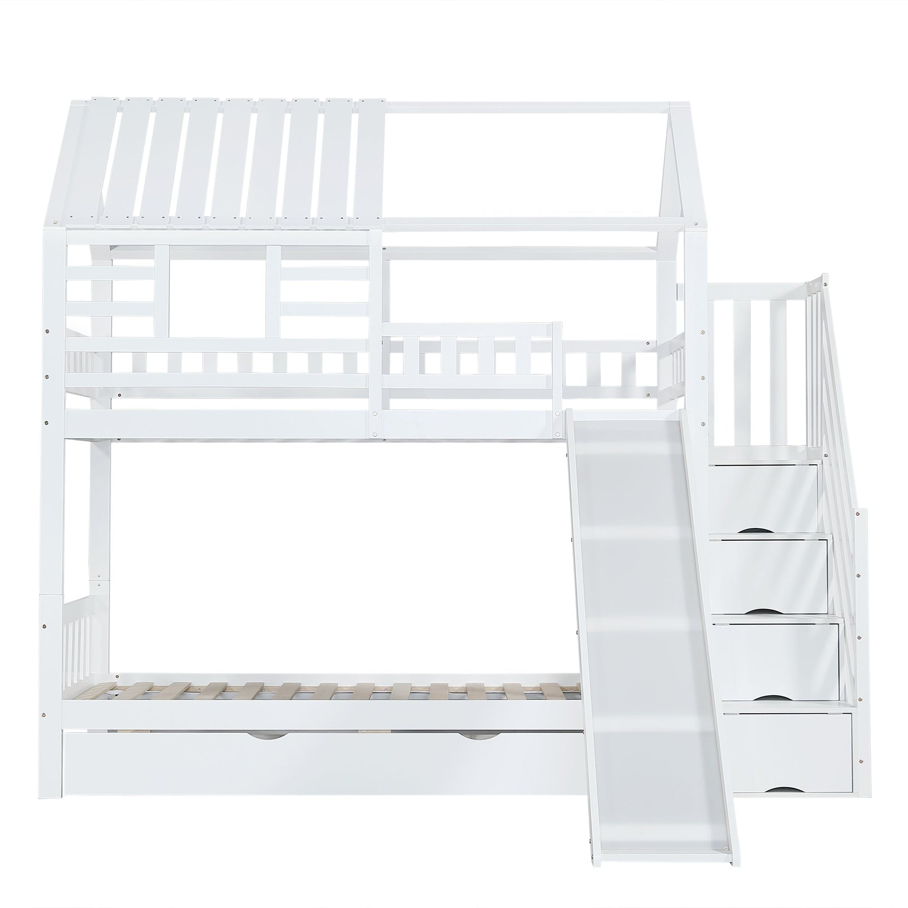 Bunk Bed, House Bed with Stairs, Slide, Storage, Safety Gate & Drawer, Pine/MDF, White